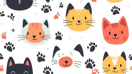 Adorable cartoon heads of cats and dogs, seamless tiling pattern, outlined with black ink and bordered in white, solid flat colors, paw prints forming decorative gaps, pure white background,
