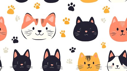 Adorable cartoon heads of cats and dogs, seamless tiling pattern, outlined with black ink and bordered in white, solid flat colors, paw prints forming decorative gaps, pure white background,