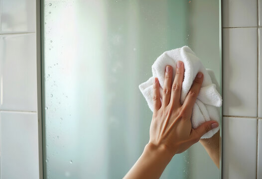 Master keeping your bathroom mirror spotless. A hand effectively wipes a mirror with white cloth, removing water spots and streaks for clear, clean reflection in home maintenance routine. Ideal for cl