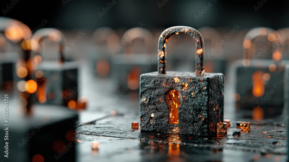 Leinwandbilder futuristic digital padlock with glowing keyhole is surrounded by network of blockchain cubes, symbol