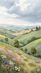 Rolling Hills Landscape: A Watercolor Painting of Countryside Meadow