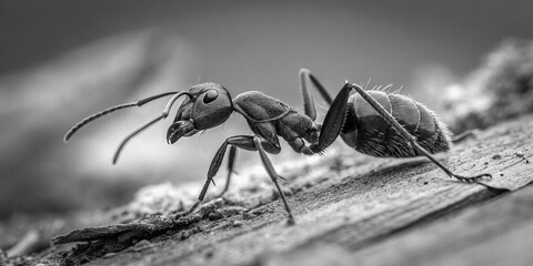 A tiny black ant, a small insect, crawling on a green leaf in nature, captured in a detailed close-up macro view