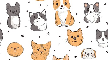 Obraz premium Floating pet doodle pattern with randomly arranged cartoon cats and dogs, heads and full bodies shown in mixed top and side angles, outlined in bold black, colored in soft browns and grays,