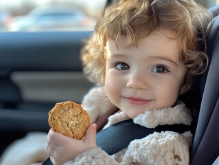 Photo of a child in a car seat in a car holding one cookie 