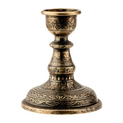 Close up shot of an ornate metal candlestick holder with intricate designs on a black background