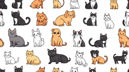 Hand-drawn cartoon dogs and cats arranged in circular rotation—front, side, back, top views—seamless vector pattern, bold outlines in black and brown with gray fill touches,