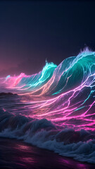 Neon Ocean Art: Luminous Wave in Darkness