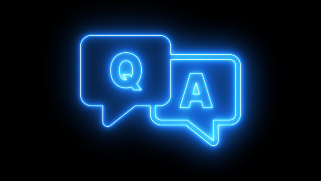 neon blue q and a speech bubbles glowing on a dark background for faq or chatbot digital support