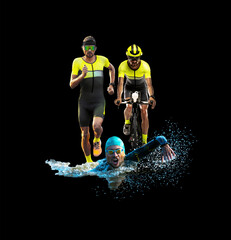 Compositional collage. Male triathletes swimming, cycling and running in bright yellow gear on...