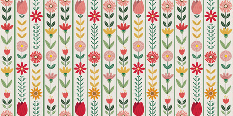 Flower and Vertical Stripes Retro Styles in a Seamless Pattern. Vector Illustration.