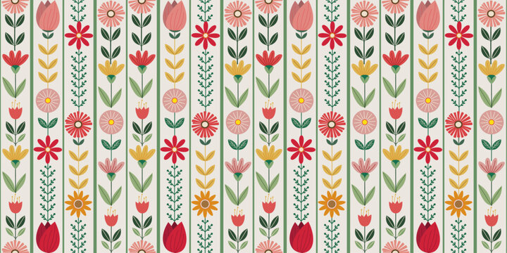 Flower and Vertical Stripes Retro Styles in a Seamless Pattern. Vector Illustration.