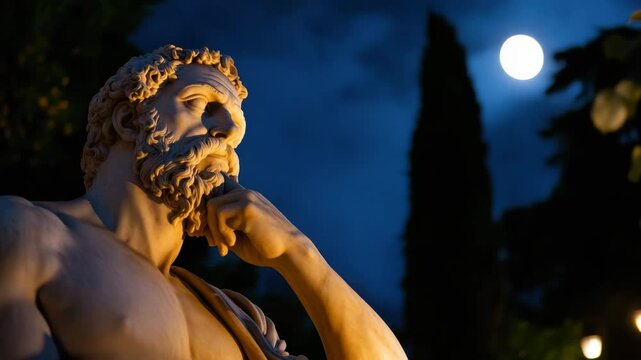 Antique marble statue of a philosopher in thought against the backdrop of the night sky and full moon