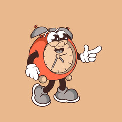 Retro character design of alarm clock greets