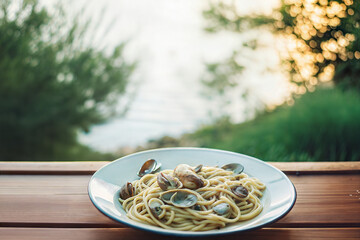 Golden Hour Linguine with Clams – Rustic Alfresco Dining Shot for World Pasta Day (Perfect for Italian Restaurants, Travel Brands & Food Editorials)