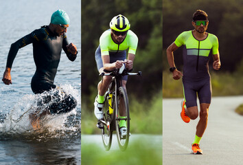 Composite collage. Male athletes performing three triathlon stages, swimming in lake, cycling road...