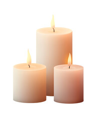 Three lit pillar candles in varying sizes on a black background with warm yellow flames isolated, transparent, white, backgrounds, png, cut out, clipping, path, social media, 4k full hd image download