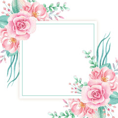 Elegant Watercolor Pink Rose Floral Frame Wedding Invitation Design Greeting Card Template