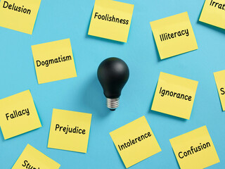 Unswitched light bulb surrounded by negative concepts written on sticky notes