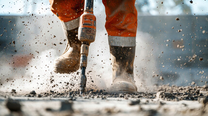 Worker operates electric jackhammer to break concrete and create dynamic dust cloud during construction activity