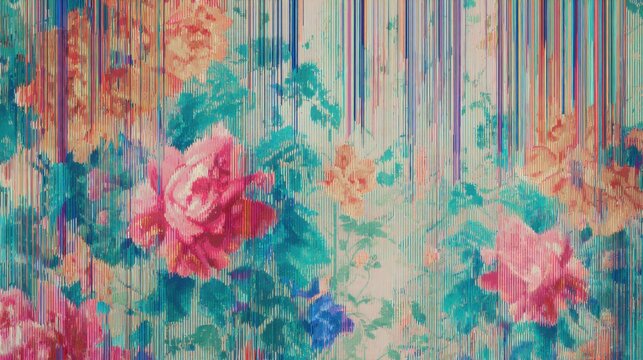 Fototapeta Background featuring classic 1940s floral wallpaper pattern overlaid with translucent digital noise 