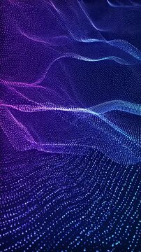 Abstract purple blue dots form flowing waves. Wavy pattern digital motion design. Vertical orientation. Modern technology backdrop. Glowing particle landscape