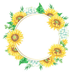 Watercolor Sunflowers and White Flowers Circular Frame Blank Template for Design Wedding Invitation