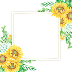 Watercolor Sunflowers and Greenery Frame Elegant Floral Border Blank Template for Invitation or