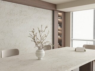 Cozy loft with dinning table made with white and warm tones marble tabletop and wall behind, six chairs and wooden bamboo wall. 3D Illustrations. 3D Rendering