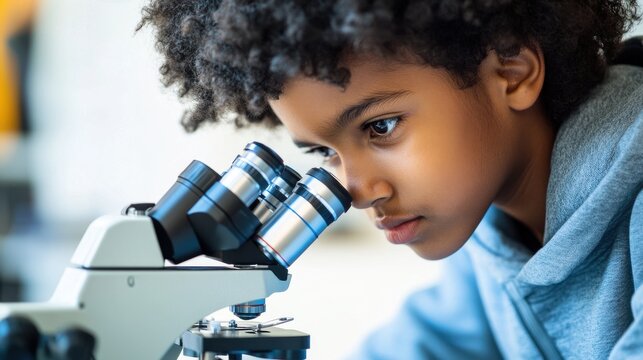 Intense African Schoolboy Analyzing Specimen Through Microscope in Laboratory Setting