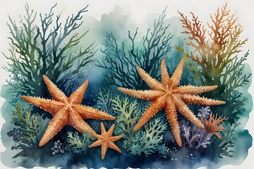 Starfish and seaweed on the ocean floor in watercolor style