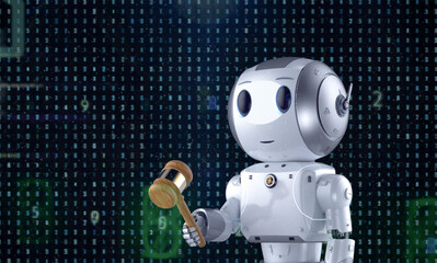 Digital law concept with ai robot hold gavel judge with graphic display