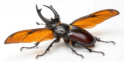 Close-up macro of a black beetle or bug isolated on a white background, showcasing intricate detail of the insect's antenna and coleoptera