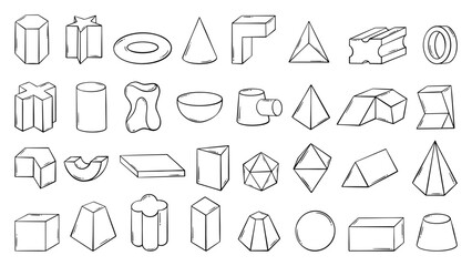 Doodle 3d geometry elements. Sketch geometric shapes, pyramid cube ball cylinder polyhedron. School lesson educational materials, neoteric vector clipart