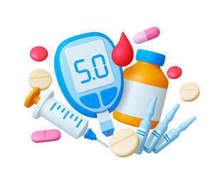 Diabetes 3d concept. Pills syringe glucometer, blood drop and ampoules with medicine. Realistic elements for hospital, healthcare, pharmacy, vector set