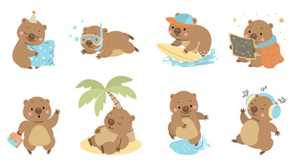 Funny wombat. Adorable cartoon wombats, childish mascots. Isolated wild animals in different poses, surfing rest under palm sleeping nowaday vector characters