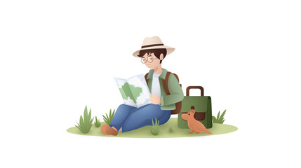 Young explorer reads map outdoors with dog, backpack, and nature scenery in bright and cheerful illustration for adventure themes