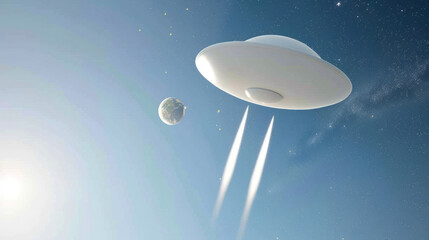 Futuristic UFO Spaceship Flying in Outer Space Above Earth with Stars and Cosmic Elements in a Vibrant Sky