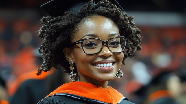 Joyful graduate with glasses wearing cap and gown at graduation ceremony