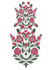 This stunning image showcases an intricate, abstract Indian floral design. Delicate, swirling patterns and vibrant, jewel-toned flowers dance across the canvas, set against a crisp, white background