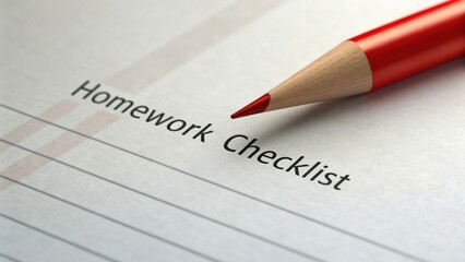 Obraz premium Homework checklist with a red pencil on a lined sheet of paper, emphasizing organization and planning. Concept of School Supplies That Boost Writing and School work Success.