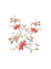 This stunning image showcases an intricate, abstract Indian floral design. Delicate, swirling patterns and vibrant, jewel-toned flowers dance across the canvas, set against a crisp, white background