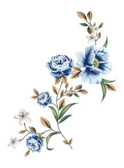 This stunning image showcases an intricate, abstract Indian floral design. Delicate, swirling patterns and vibrant, jewel-toned flowers dance across the canvas, set against a crisp, white background