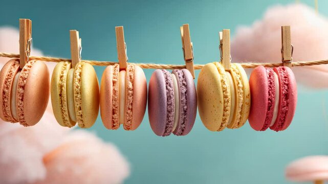 Row of macarons hanging on a clothesline. The macarons are of different colors and flavors, and they are hanging in the air. Concept of freshness and lightness