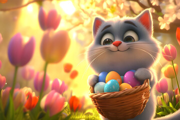 Fototapeta premium Adorable Blue Cat with Easter Eggs in a Basket Among Spring Tulips