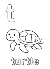 Alphabet Coloring Page for Kids. Children's Coloring Activity sheet. Cute Turtle Illustration to Color.	