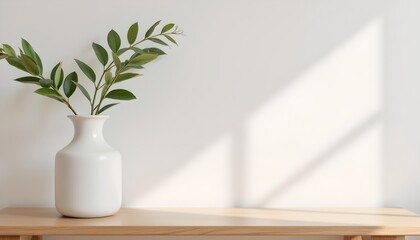 White Vase with Green Leaves on Wooden Table in Sunlight