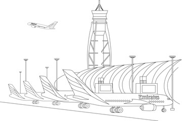 Dubai International Airport Scene Line Art, Minimalist black and white line drawing illustration depicting a bustling scene at Dubai International Airport. Features a control tower, terminal 