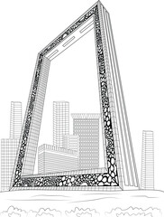 Dubai Frame Line Art Illustration, Black and white line art illustration depicting the iconic Dubai Frame landmark against a backdrop of modern cityscape buildings. 