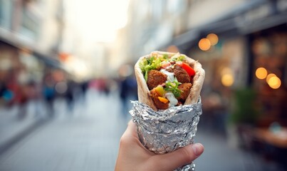 A hand holds a delicious falafel wrap with vegetables and sauce, wrapped in foil, on a busy city street.