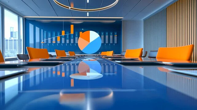 Modern Conference Room with Interactive Table and Data Visualization